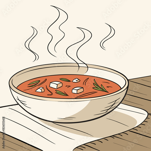 Bowl of Tomato Soup with Tofu and Herbs Illustration.