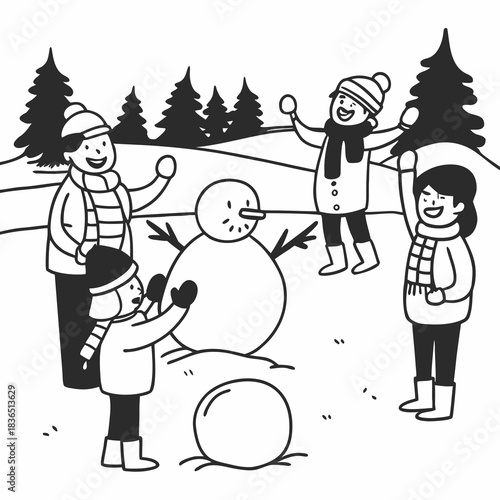 Children Building a Snowman and Having a Snowball Fight in Winter.