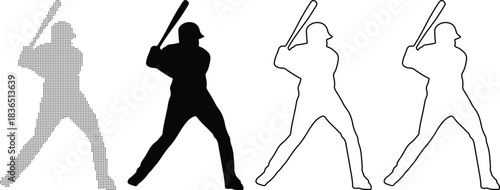 Vector of Baseball player silhouette vector set featuring solid fill and outline styles for sports design and athletic themes