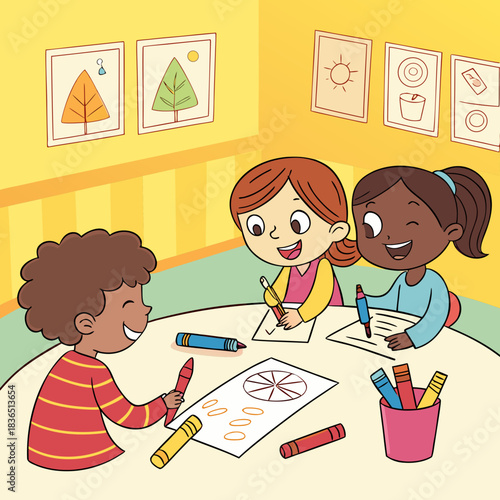Children drawing together at a table in a classroom setting.