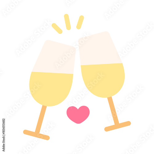 Flat vector of two champagne glasses clinking. Ideal for date nights, romantic celebrations, Valentine's events, proposals, and festive love-themed graphics.