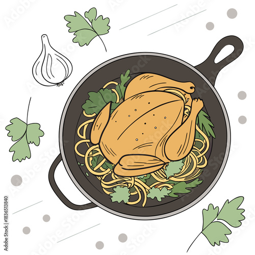 roasted chicken in pan, food art clip art preview
