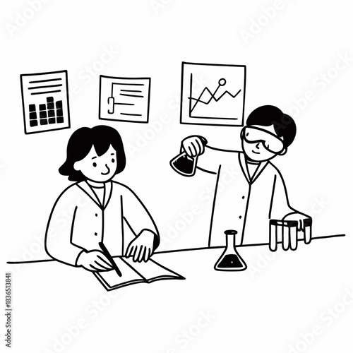 Scientists conducting experiments and analyzing data in a laboratory setting.