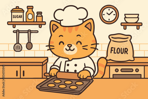 Cute cartoon cat chef rolling dough for cookies in kitchen