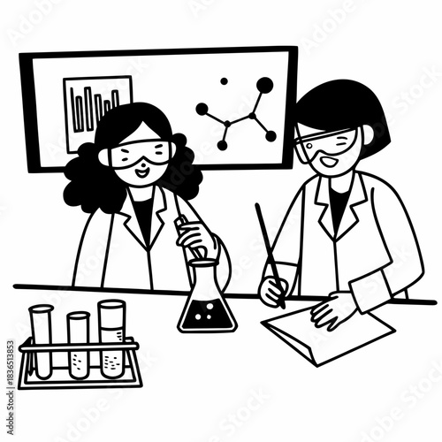 Scientists conducting experiment in laboratory with test tubes and flask.