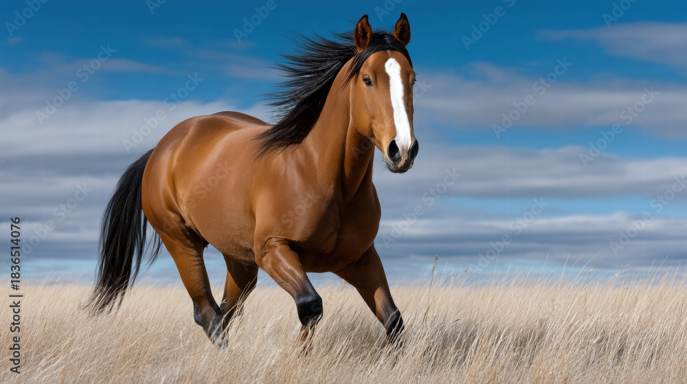 Obraz premium Horse as freedom symbol in wild nature running fast with flowing mane under blue sky and clouds
