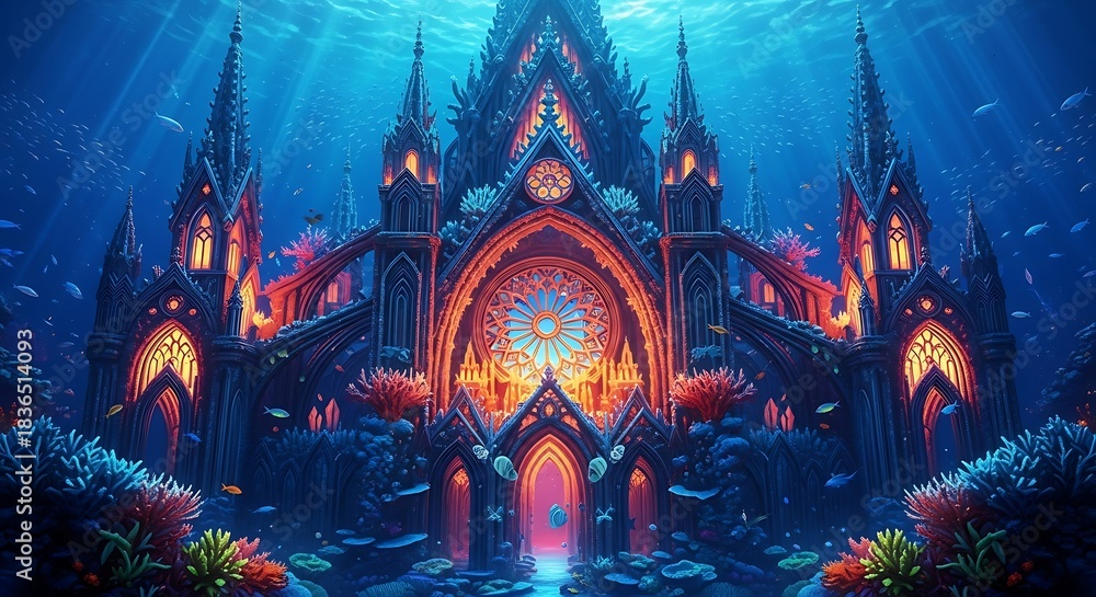 Obraz premium Enchanting Underwater Castle Illuminated by Ethereal Light.