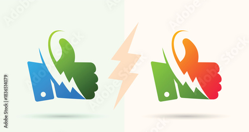 Thumbs up with lightning power bolt logo approval rating technology energy brand icon

