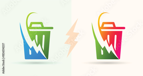 Trash bin lightning power bolt logo recycling cleanup technology sanitation eco brand icon
