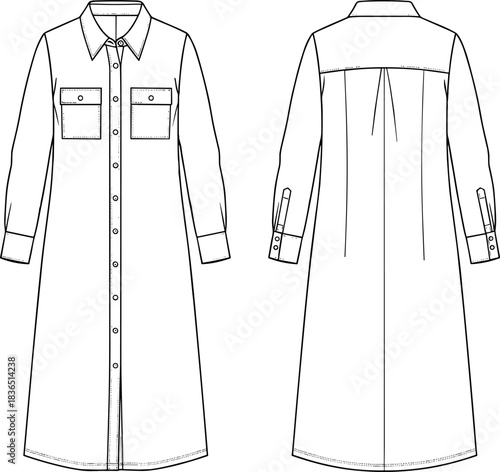 Shirt dress technical sketch, front and back view, long sleeve, button-down, collar,Shirt dress technical sketch, front and back view, long sleeve, button-down, collar,