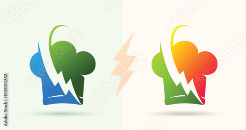 Chef hat lightning power bolt logo restaurant kitchen cooking technology food brand icon
