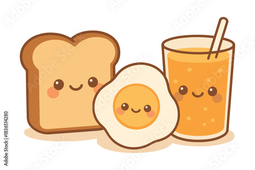 Cute kawaii breakfast toast egg and orange juice with happy faces