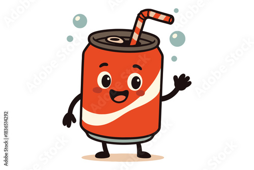 Happy cartoon soda can with straw waving hello and bubbles