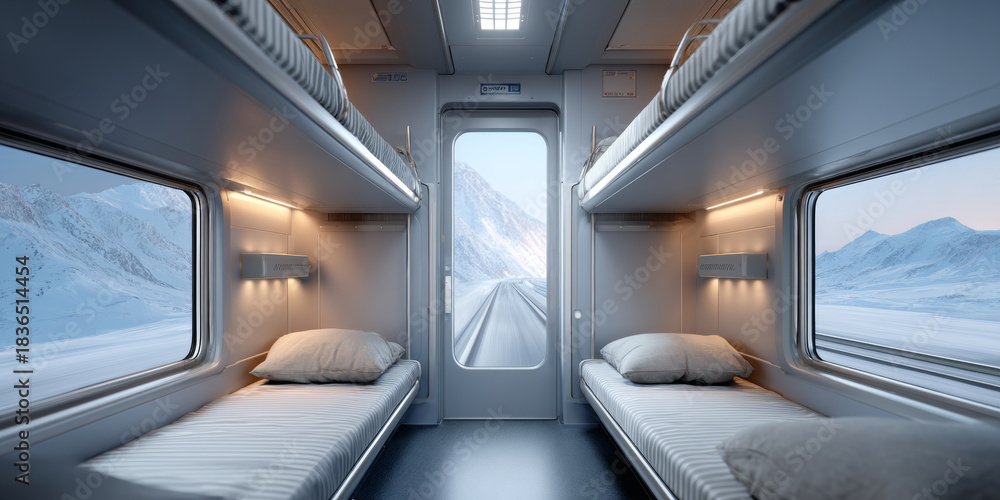 Fototapeta premium Interior view of a modern train sleeper cabin with four beds and large showing snowy mountain landscape outside