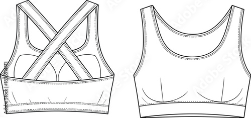 Sports bra fashion sketch, front and back view, crisscross strap design,Sports bra fashion sketch, front and back view, crisscross strap design,