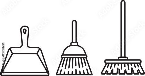 Cleaning Tools Illustration of a dustpan and two different types brooms