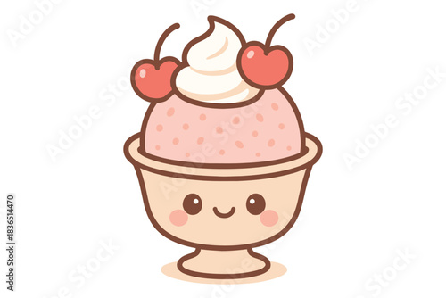 Cute kawaii strawberry ice cream sundae with cherries and happy face