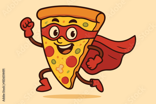 Funny superhero slice of pizza with cape and mask running