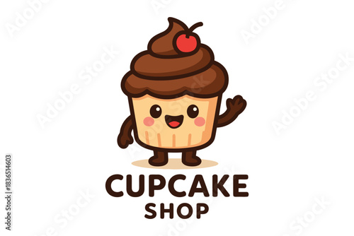 Cute cartoon cupcake character waving hello with text cupcake shop