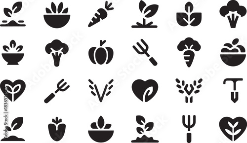 Vector icon set for organic gardening and healthy food lifestyle.