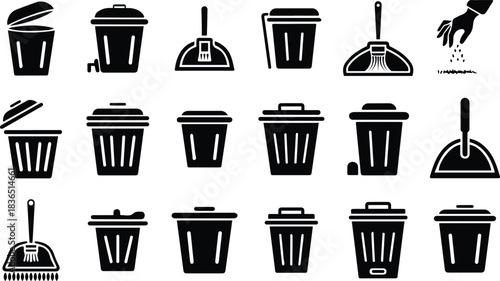 Collection of various black and white waste disposal icons.