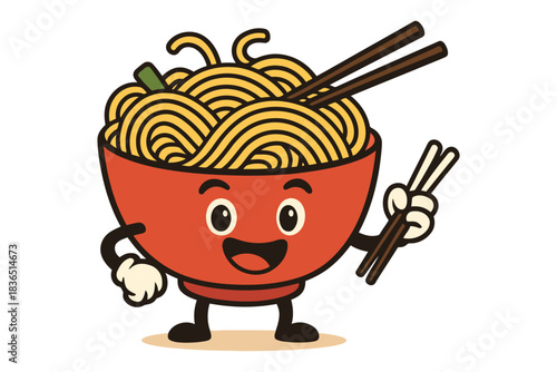 Cute cartoon bowl of noodles with happy face and chopsticks