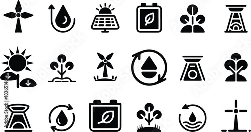 Black and white vector icons for ecology and renewable energy.