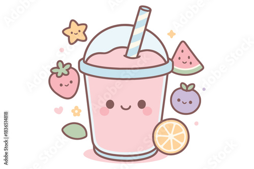 Cute kawaii strawberry smoothie with fruits and stars