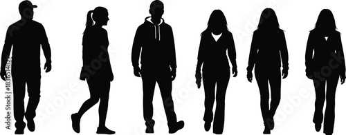 Walking people silhouette set illustration isolated on white background representing diverse community, pedestrians, urban lifestyle, movement, anonymity, and modern human activity