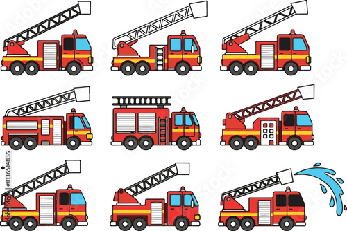 Cartoon Fire Trucks Collection for Emergency Response and Firefighting Vehicles