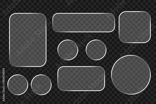 Set of liquid glass vector frames and shapes with reflection and shadow. Realistic abstract modern empty plates on transparent background for ad.