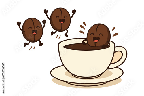 Happy coffee beans jumping into a cup of hot coffee