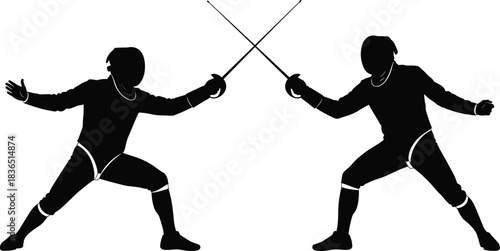 Fencing duel silhouette illustration isolated on white background representing sport competition, Olympic training, sword fighting, athletic performance, and combat skills