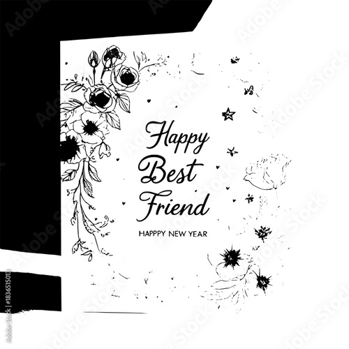 A greeting card displays the message "Happy Friend for a best friend, Happy New Year wish!!" in bold, red script.