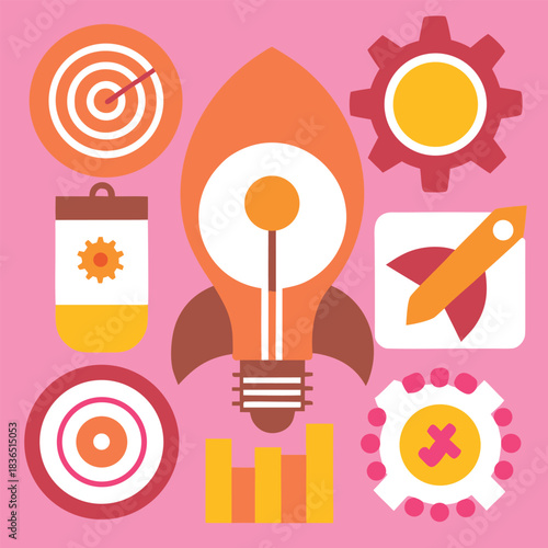 Modern startup icon set featuring a dynamic rocket launching into the sky symbolizing innovation growth and new business ideas for digital projects