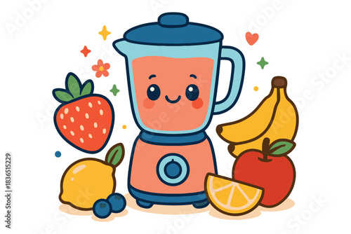 Cute kawaii blender with fresh fruits making delicious smoothie