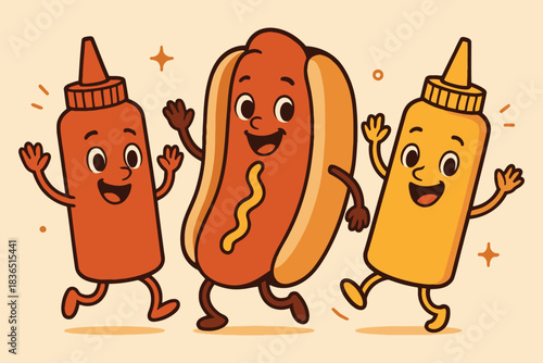 Happy cartoon hot dog and condiment bottles dancing together