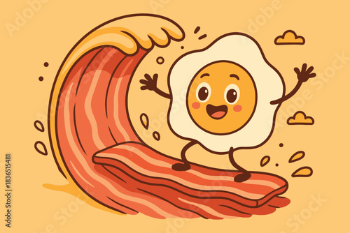 Happy fried egg surfing on a bacon wave with joy