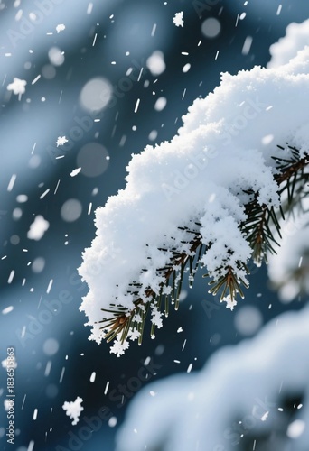 White snow covers pine branches as flakes fall from the sky. The scene shows a winter forest with soft lighting in the background, creating a cold atmosphere Generative AI