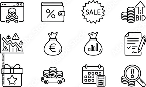 Financial and Economic Line Icons Set Featuring Budgeting, Investment, Risk, and Currency Concepts in Minimal Black and White Style