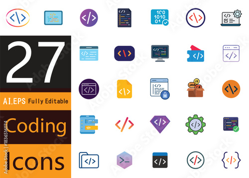 A clean set of flat vector icons representing essential coding, programming, and software concepts for modern user interfaces.
