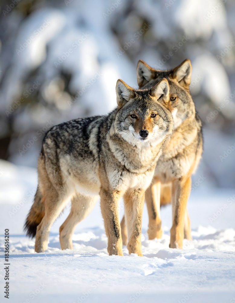 Naklejka premium Two canids in winter snowy scene, looking forward