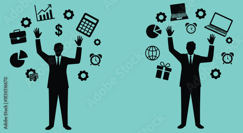 Black silhouette of a multitasking individual managing both business and personal responsibilities with icons representing finance, productivity, and time management