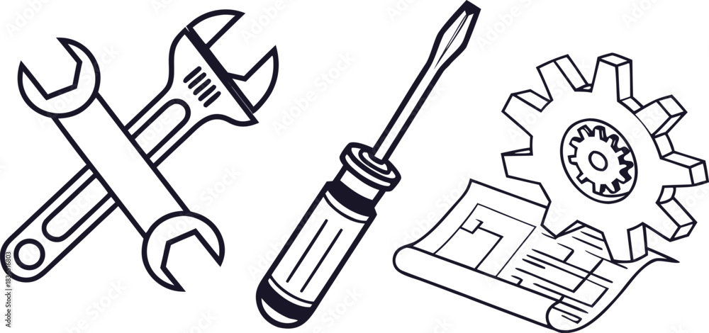 Obraz premium モノクロのエンジニアリング線画アイコンセット｜ベクターで描いた機械・技術・工具・設計関連のシンプルラインイラスト素材