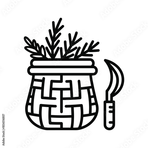 Harvesting Basket with Plants and Sickle Icon