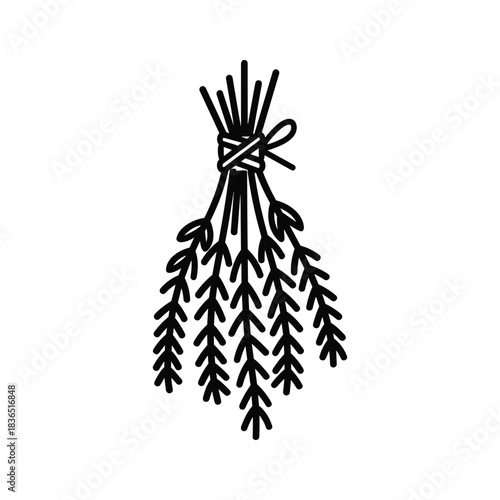 Herbs Bundle Line Art Icon: Simple Black Outline Drawing of Tied Aromatic or Culinary Plants