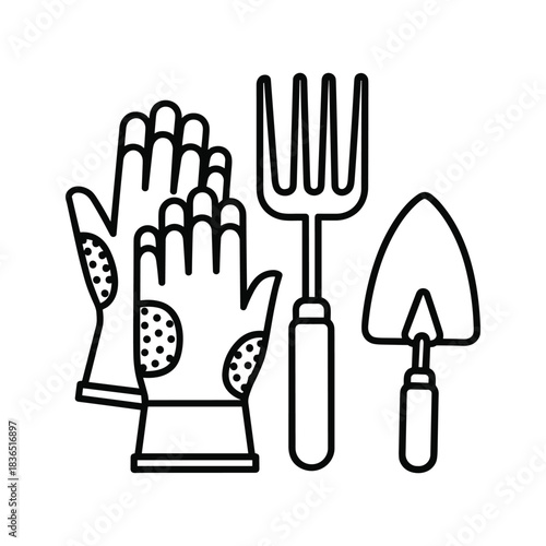 Gardening Tools Set Outline Icon: Gloves, Garden Fork, and Hand Trowel