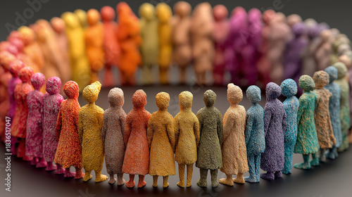Unity and collaboration shown by multicolored figures forming a circle for DEI concept