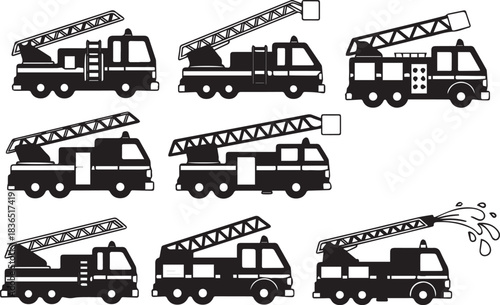 Fire trucks illustration featuring multiple vehicles in black and white design