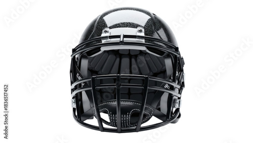 A glossy black football helmet with a face mask on transparent background